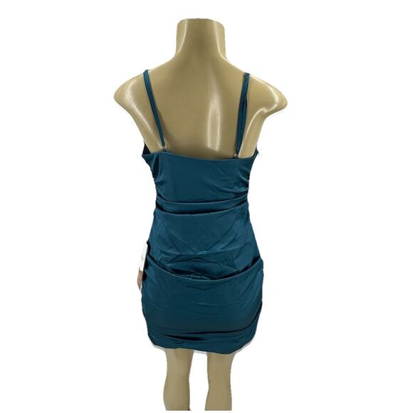 NEW Stacees Size 4 Women Pleated Sheath Mini Dress Prom Formal Evening Teal KA17 - Picture 3 of 9